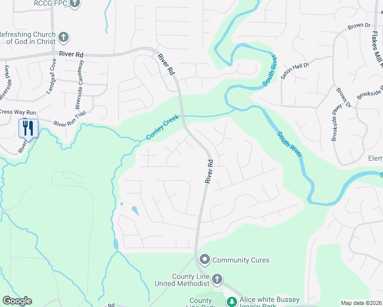 map of restaurants, bars, coffee shops, grocery stores, and more near 3510 Poplar Chase Lane in Ellenwood