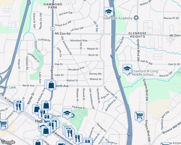 map of restaurants, bars, coffee shops, grocery stores, and more near 421 Lake Drive in Hapeville