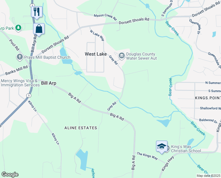 map of restaurants, bars, coffee shops, grocery stores, and more near 6645 Crest Wood Lane in Douglasville