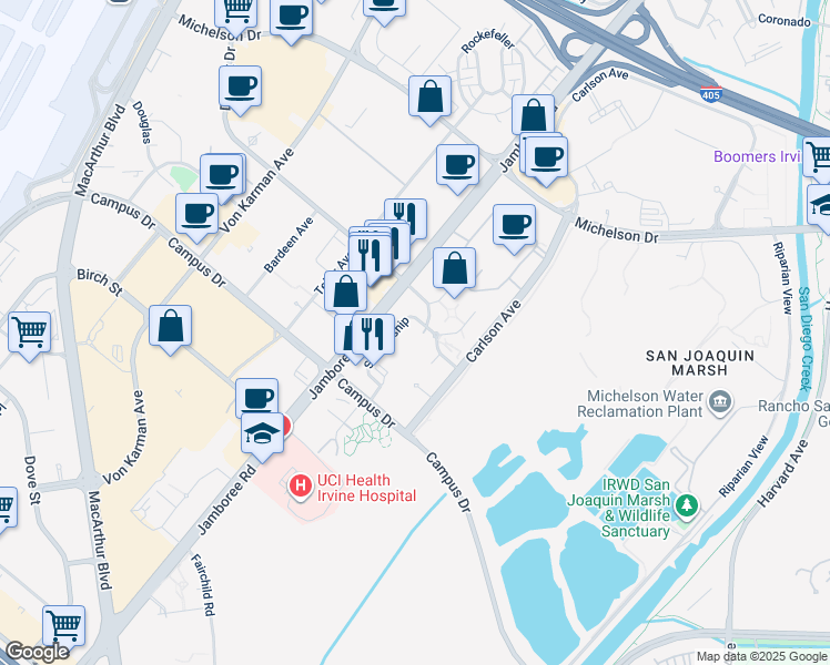 map of restaurants, bars, coffee shops, grocery stores, and more near 1470 Scholarship in Irvine