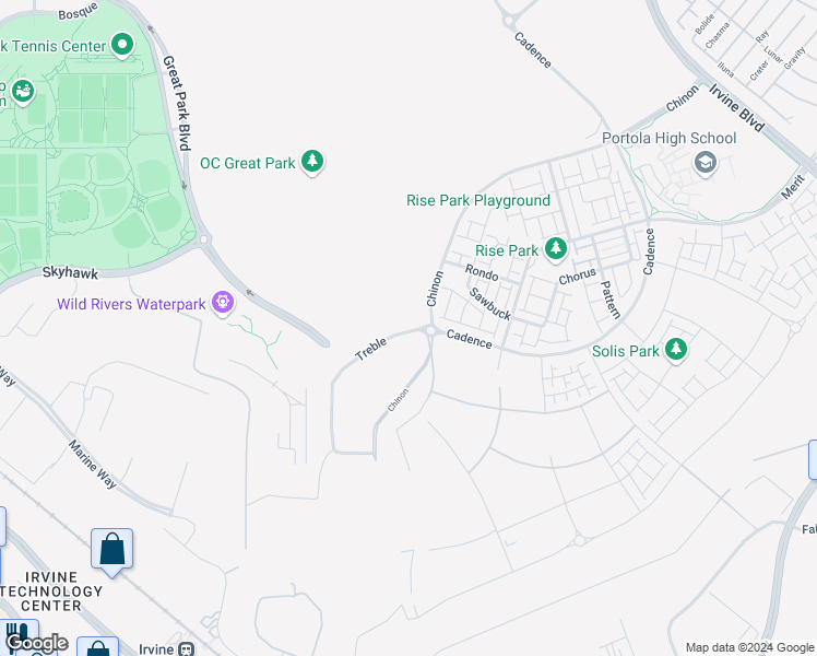 map of restaurants, bars, coffee shops, grocery stores, and more near Treble in Irvine