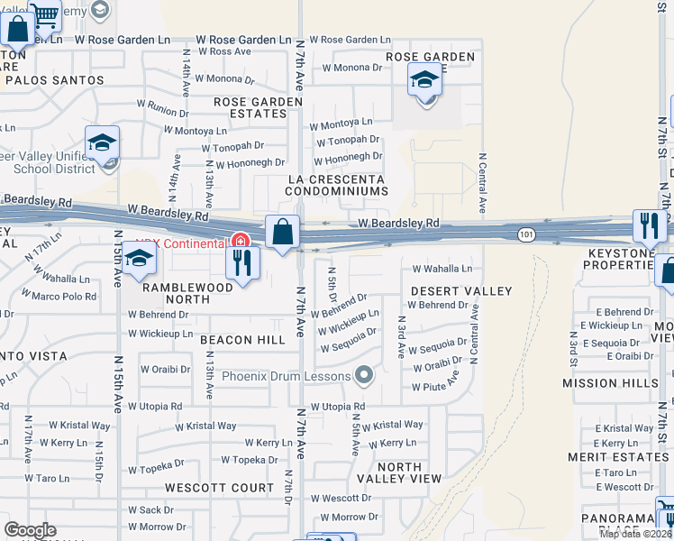 map of restaurants, bars, coffee shops, grocery stores, and more near 19834 North 5th Drive in Phoenix
