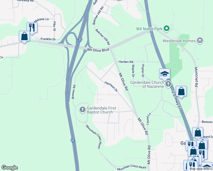 map of restaurants, bars, coffee shops, grocery stores, and more near 1844 Harrison Drive in Gardendale