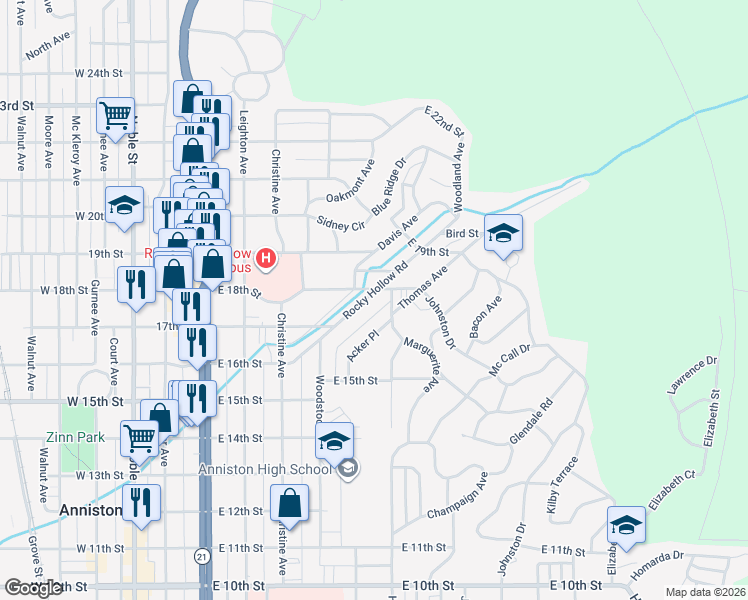 map of restaurants, bars, coffee shops, grocery stores, and more near 1736 Rocky Hollow Road in Anniston