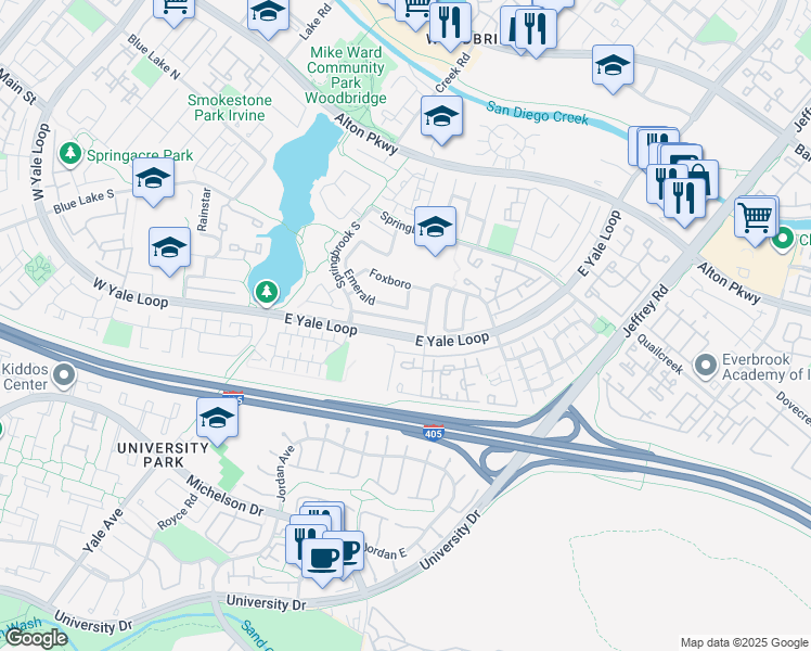 map of restaurants, bars, coffee shops, grocery stores, and more near 478 East Yale Loop in Irvine