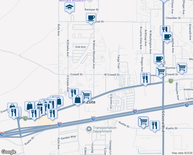 map of restaurants, bars, coffee shops, grocery stores, and more near 643-699 Cowell St in Quartzsite
