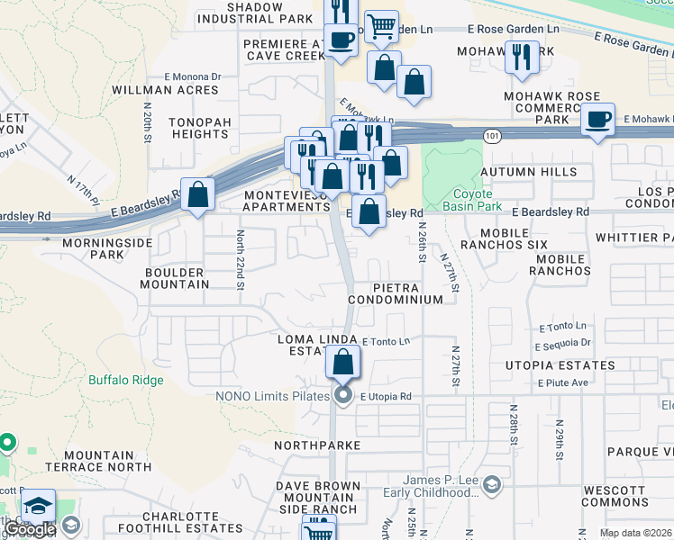 map of restaurants, bars, coffee shops, grocery stores, and more near 19844 North Cave Creek Road in Phoenix
