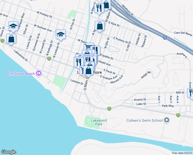 map of restaurants, bars, coffee shops, grocery stores, and more near 138 East Graham Avenue in Lake Elsinore