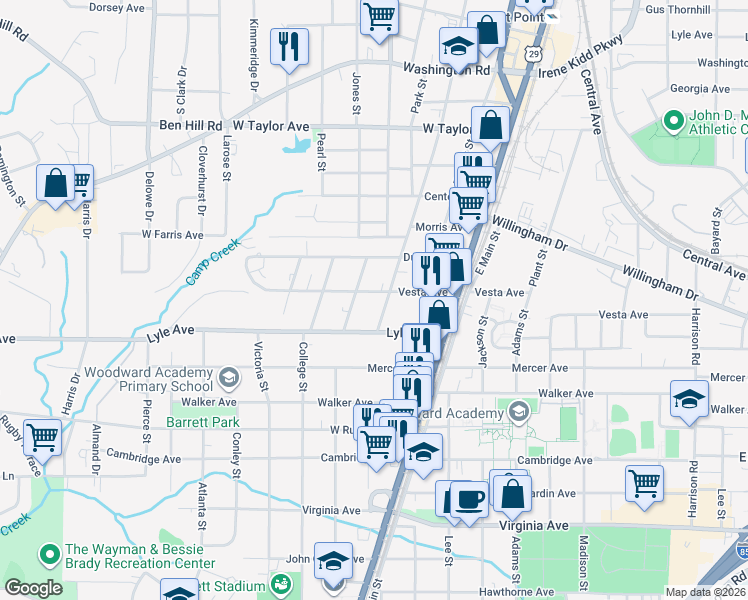 map of restaurants, bars, coffee shops, grocery stores, and more near 1831 Lyle Avenue in Atlanta