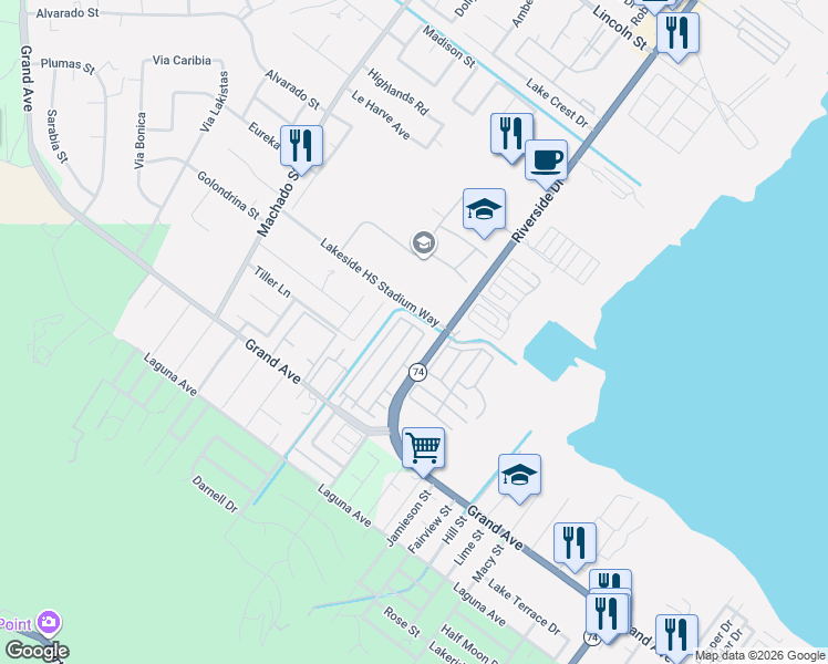 map of restaurants, bars, coffee shops, grocery stores, and more near 32901 Middlegate Place in Lake Elsinore