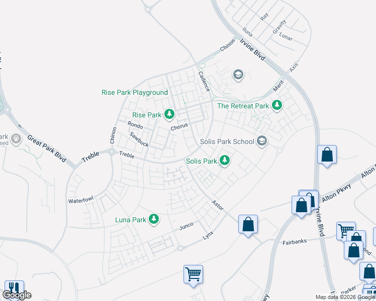 map of restaurants, bars, coffee shops, grocery stores, and more near 346 Chorus in Irvine