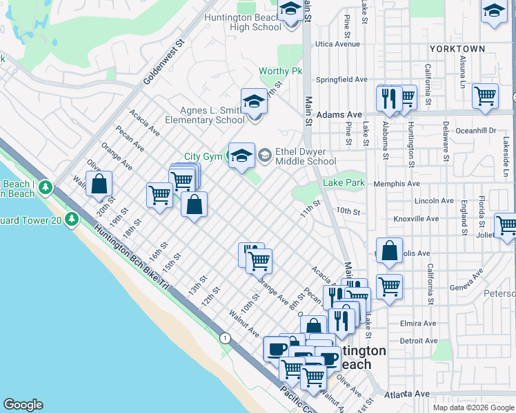 map of restaurants, bars, coffee shops, grocery stores, and more near 613 13th Street in Huntington Beach