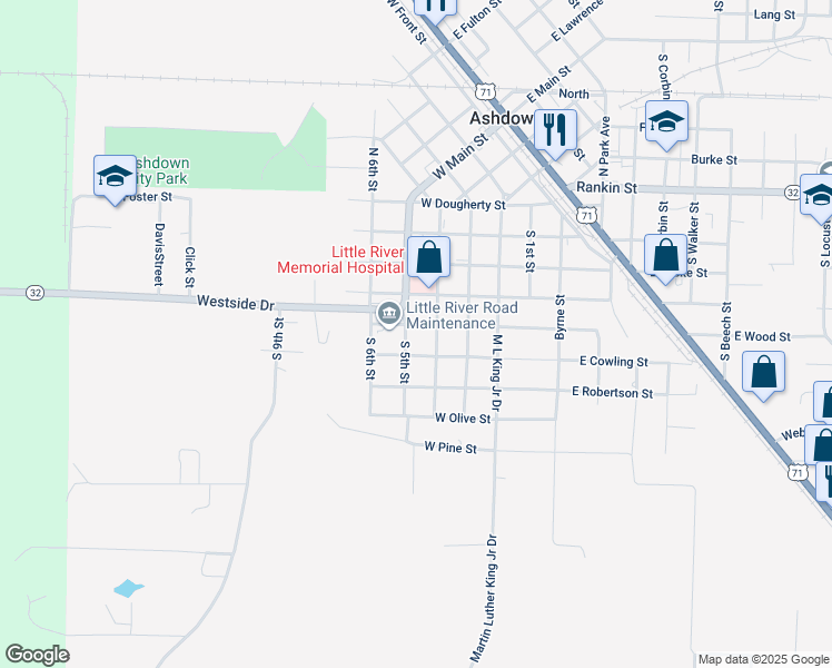 map of restaurants, bars, coffee shops, grocery stores, and more near 470 West Wood Street in Ashdown