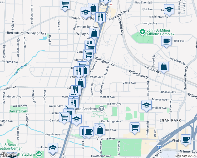 map of restaurants, bars, coffee shops, grocery stores, and more near 1638 Vesta Avenue in College Park