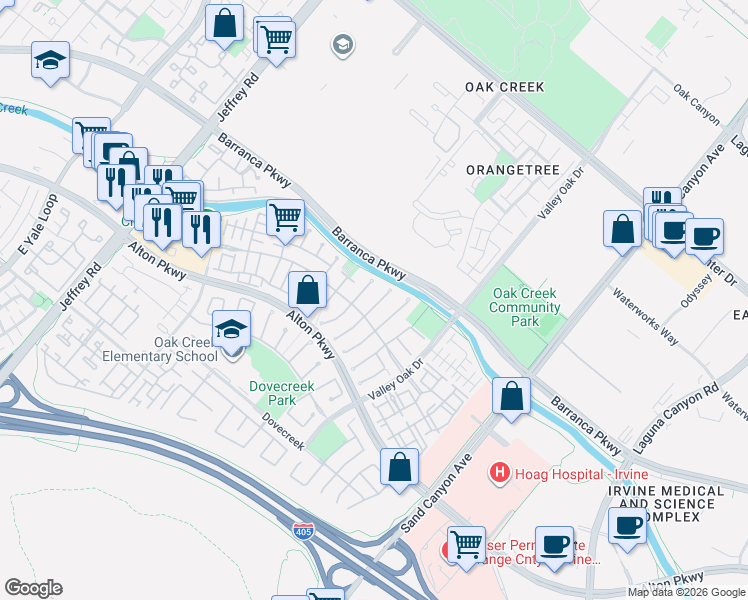 map of restaurants, bars, coffee shops, grocery stores, and more near 9 Preston in Irvine