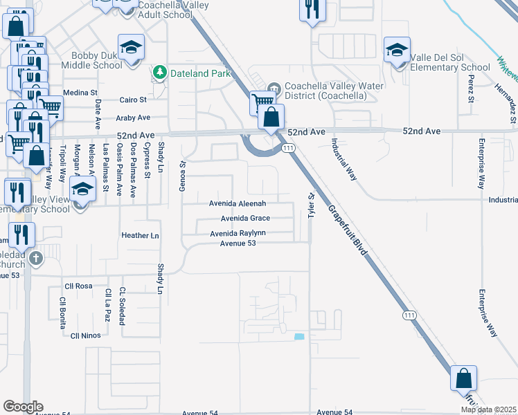 map of restaurants, bars, coffee shops, grocery stores, and more near 85907 Avenida Aleenah in Coachella