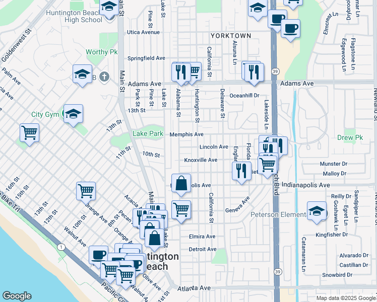 map of restaurants, bars, coffee shops, grocery stores, and more near in Huntington Beach
