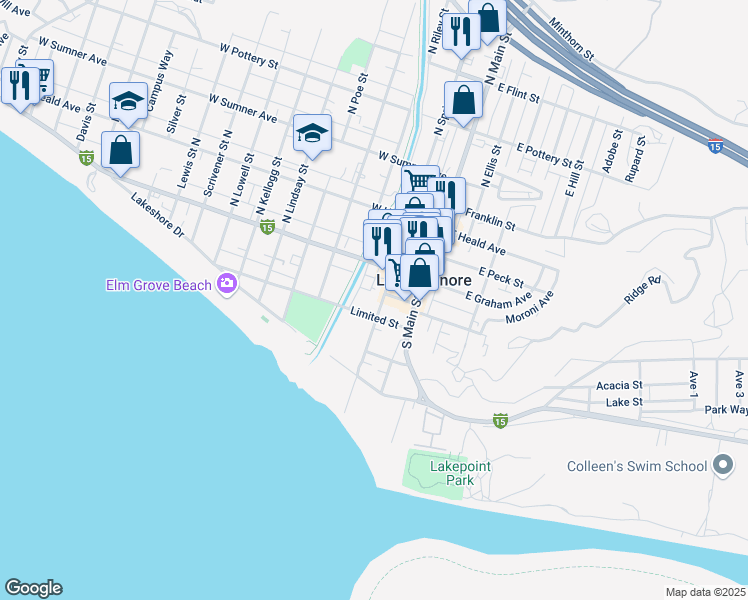 map of restaurants, bars, coffee shops, grocery stores, and more near 127 South Spring Street in Lake Elsinore