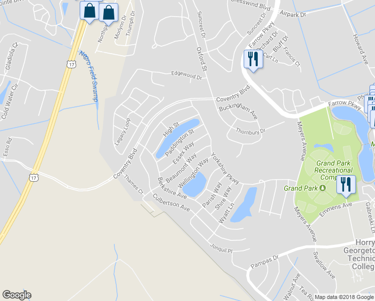 map of restaurants, bars, coffee shops, grocery stores, and more near 1659 Essex Way in Myrtle Beach