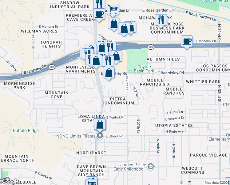 map of restaurants, bars, coffee shops, grocery stores, and more near 2512 East Marco Polo Road in Phoenix