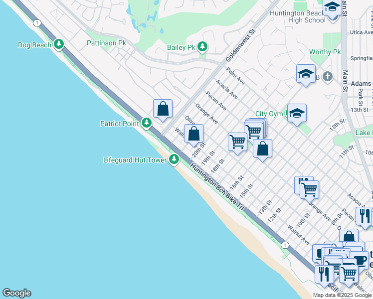 map of restaurants, bars, coffee shops, grocery stores, and more near 2102 Pacific Coast Highway in Huntington Beach