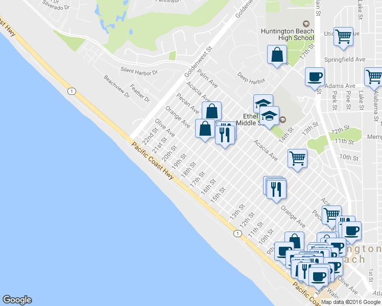 map of restaurants, bars, coffee shops, grocery stores, and more near 226 19th Street in Huntington Beach