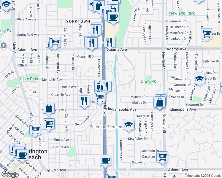 map of restaurants, bars, coffee shops, grocery stores, and more near 20331 Bluffside Circle in Huntington Beach