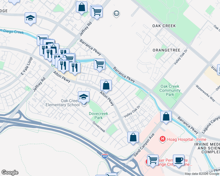 map of restaurants, bars, coffee shops, grocery stores, and more near 3706 Orangewood in Irvine