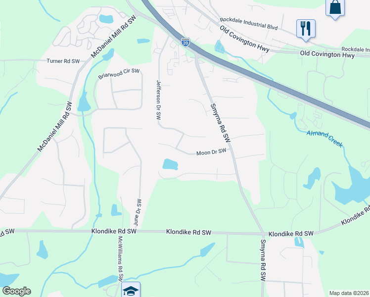 map of restaurants, bars, coffee shops, grocery stores, and more near 2099 Moon Drive Southwest in Conyers