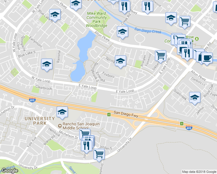 map of restaurants, bars, coffee shops, grocery stores, and more near 492 East Yale Loop in Irvine
