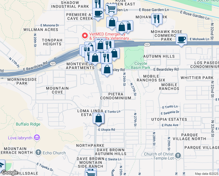 map of restaurants, bars, coffee shops, grocery stores, and more near 2510 East Marco Polo Road in Phoenix