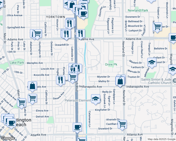 map of restaurants, bars, coffee shops, grocery stores, and more near 20362 Bridgeside Lane in Huntington Beach