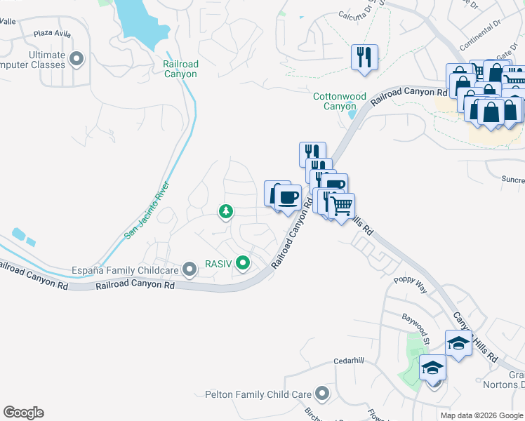 map of restaurants, bars, coffee shops, grocery stores, and more near 24487 Preston Court in Lake Elsinore