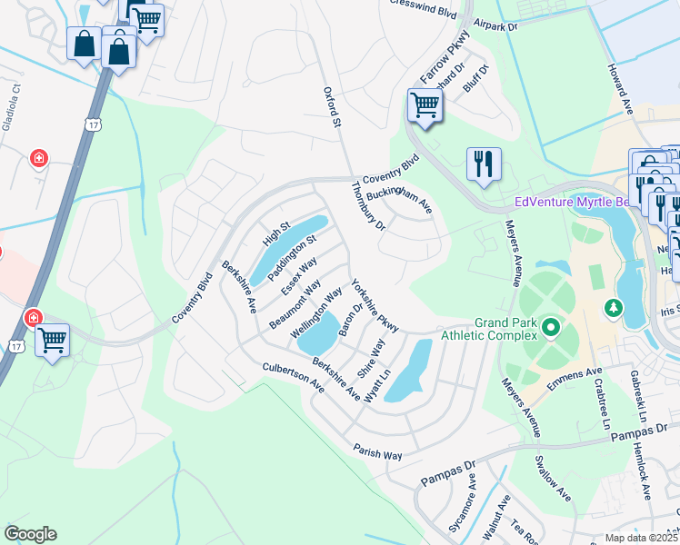map of restaurants, bars, coffee shops, grocery stores, and more near 1583 Beaumont Way in Myrtle Beach