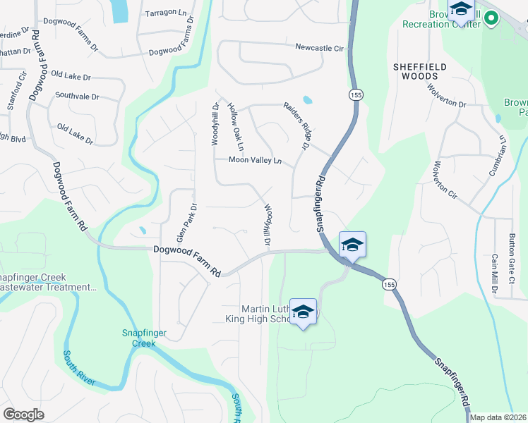 map of restaurants, bars, coffee shops, grocery stores, and more near 3877 Woodyhill Drive in Stonecrest