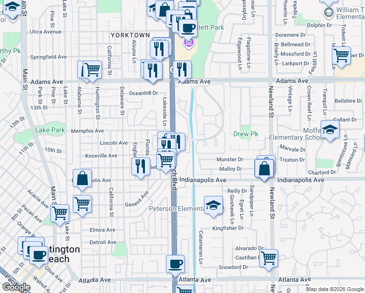 map of restaurants, bars, coffee shops, grocery stores, and more near 20371 Bluffside Circle in Huntington Beach