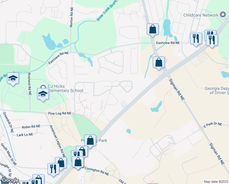 map of restaurants, bars, coffee shops, grocery stores, and more near 944 Briar Creek Court Northeast in Conyers