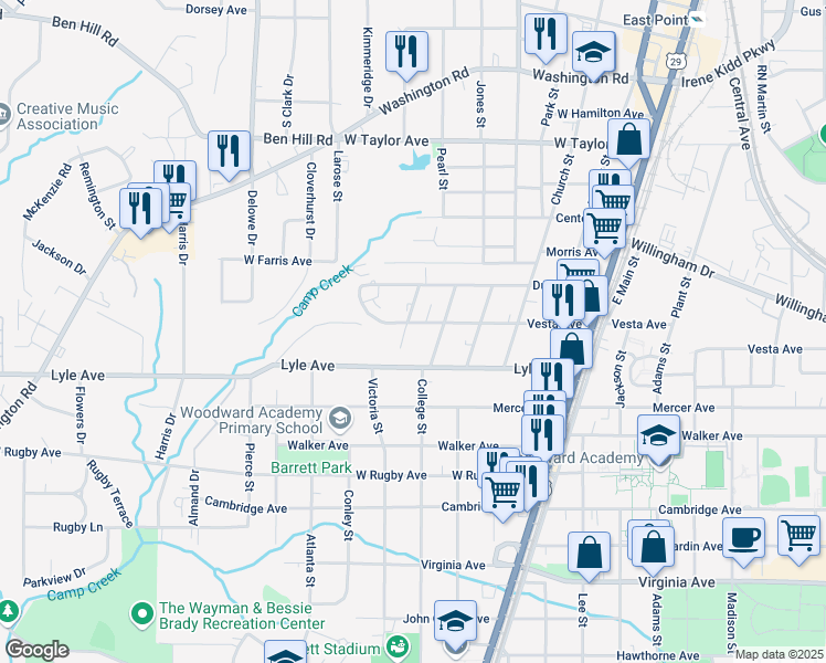 map of restaurants, bars, coffee shops, grocery stores, and more near 1912 Vesta Avenue in College Park