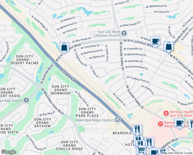 map of restaurants, bars, coffee shops, grocery stores, and more near 20213 North 150th Drive in Sun City West