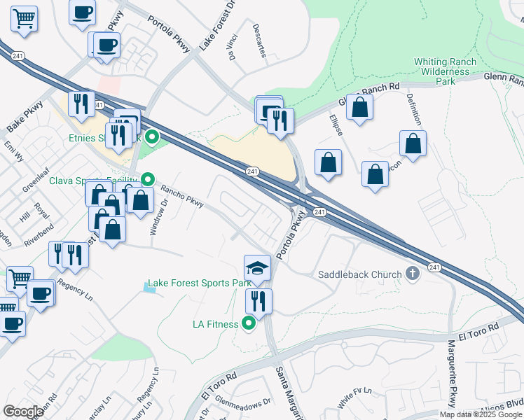 map of restaurants, bars, coffee shops, grocery stores, and more near 158 Pinnacle Drive in Lake Forest