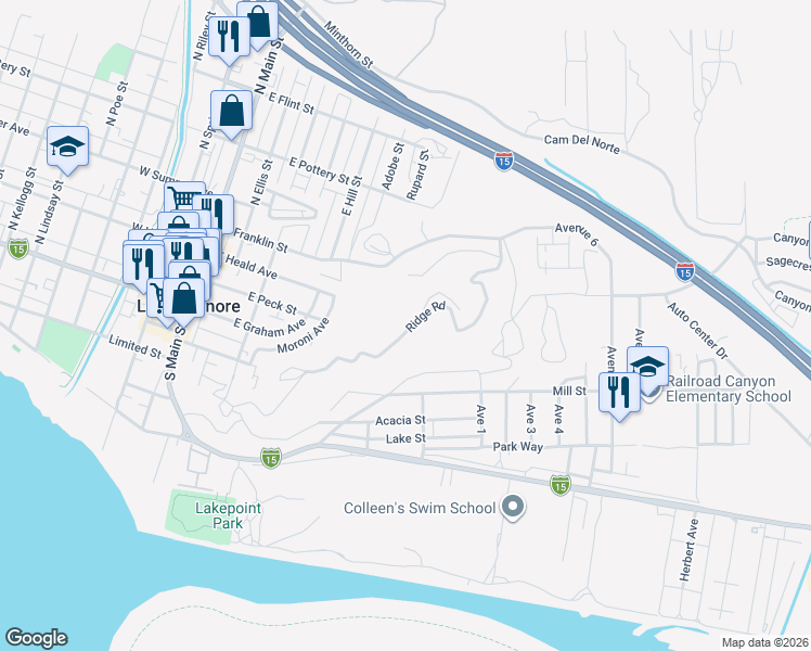 map of restaurants, bars, coffee shops, grocery stores, and more near Ridge Road in Lake Elsinore