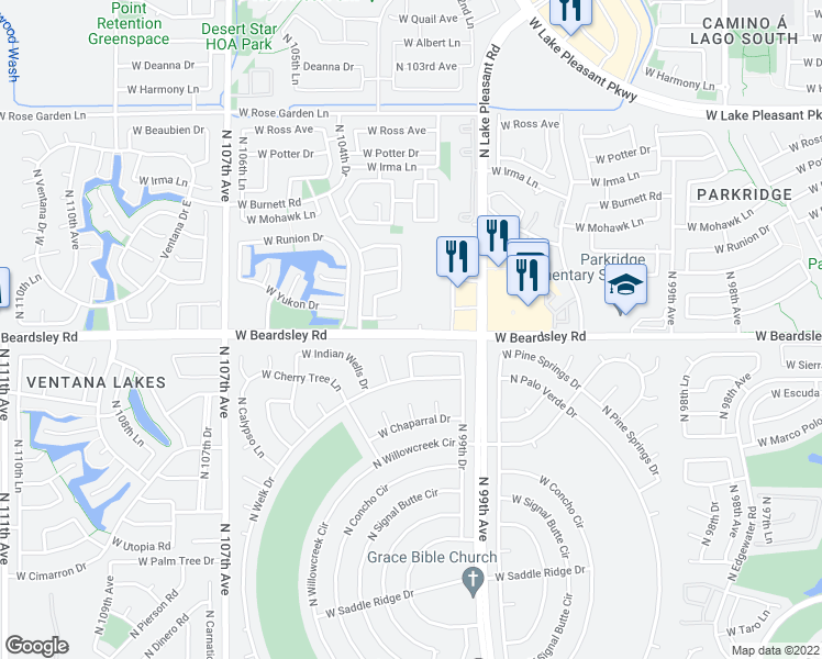 map of restaurants, bars, coffee shops, grocery stores, and more near 10334 W Beardsley Rd in Peoria