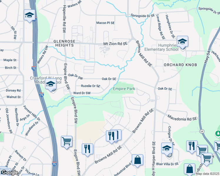 map of restaurants, bars, coffee shops, grocery stores, and more near 3206 Ward Drive Southwest in Atlanta