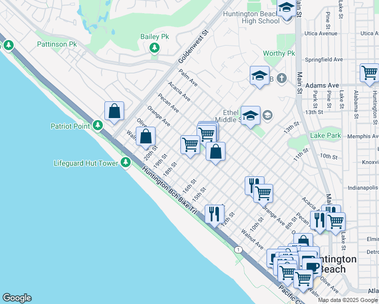 map of restaurants, bars, coffee shops, grocery stores, and more near in Huntington Beach