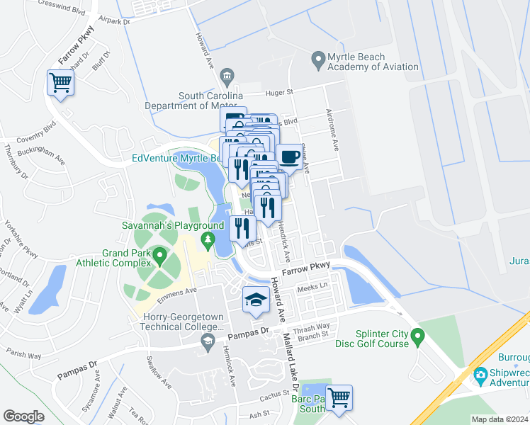 map of restaurants, bars, coffee shops, grocery stores, and more near 2954c Howard Avenue in Myrtle Beach