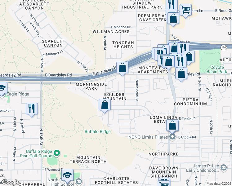 map of restaurants, bars, coffee shops, grocery stores, and more near 2039 East Escuda Road in Phoenix