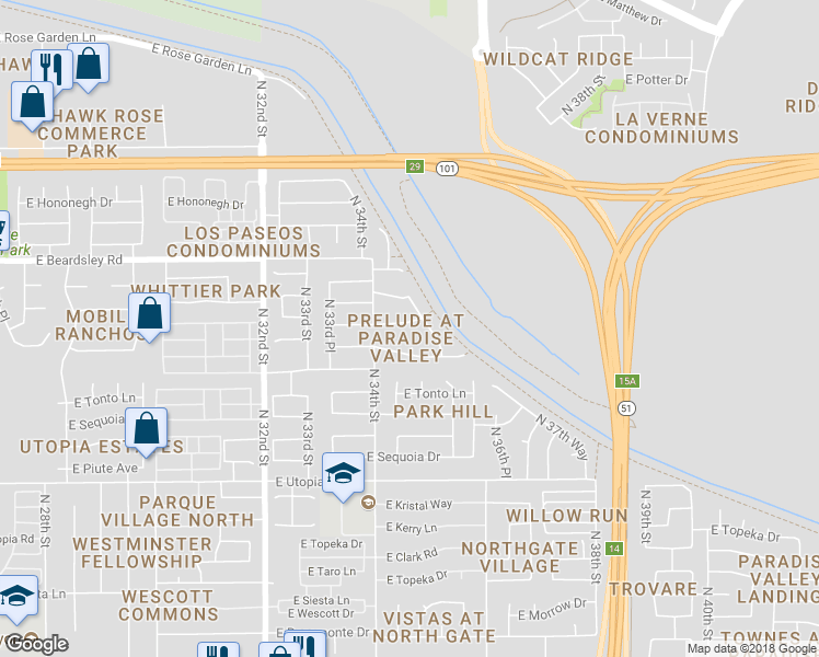 map of restaurants, bars, coffee shops, grocery stores, and more near 3431 East Wahalla Lane in Phoenix