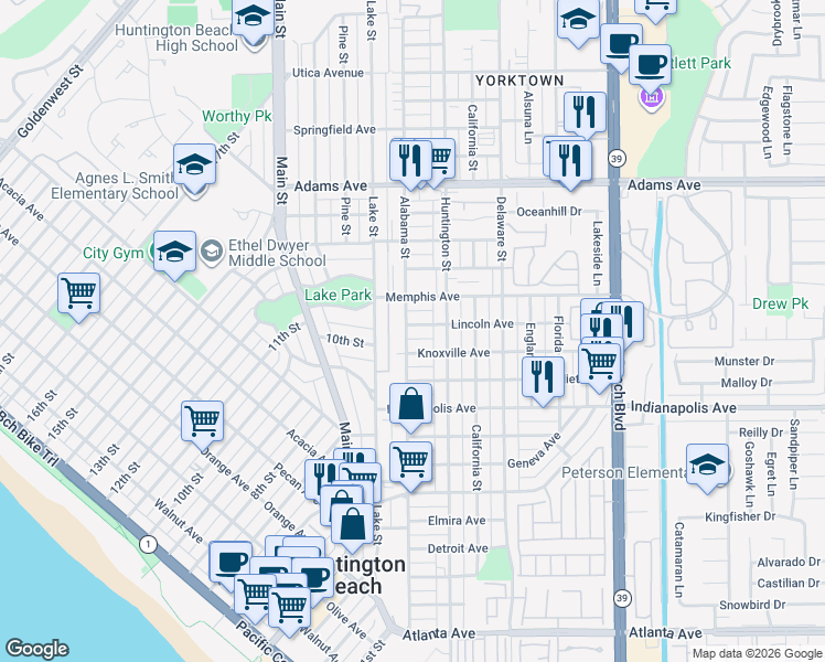 map of restaurants, bars, coffee shops, grocery stores, and more near 204 Lincoln Avenue in Huntington Beach