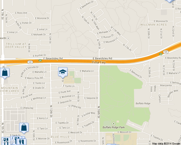 map of restaurants, bars, coffee shops, grocery stores, and more near 1505 East Wahalla Lane in Phoenix