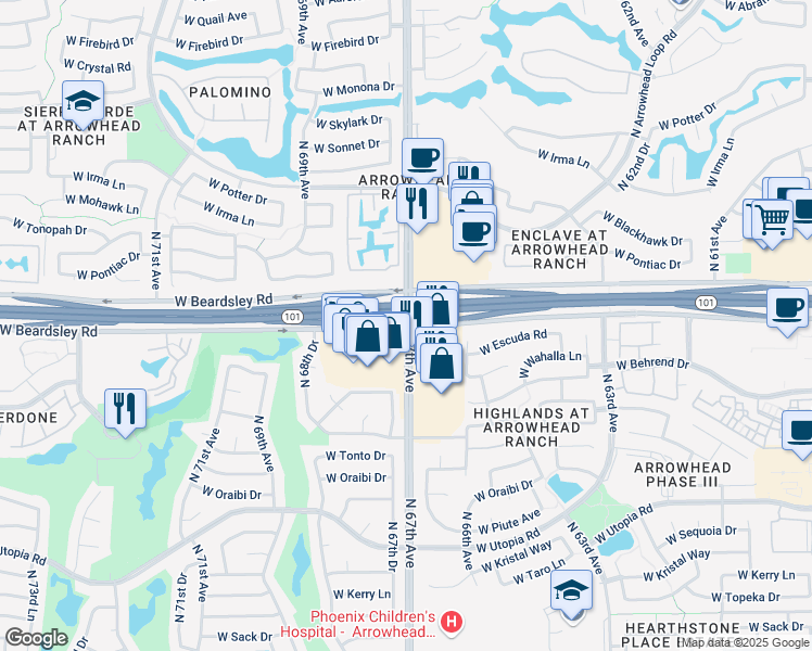 map of restaurants, bars, coffee shops, grocery stores, and more near N 67th Ave & W Beardsley Rd in Glendale